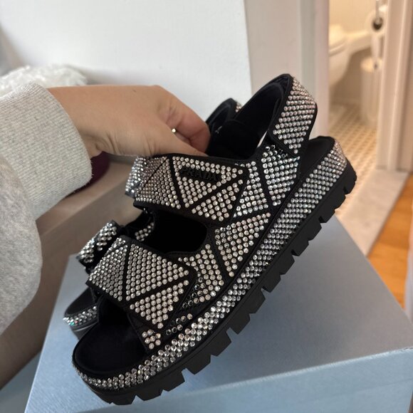 NWT Prada Sandals Crystal Embellished Allover Double Strap Platform Sz 35.5 - Picture 6 of 8